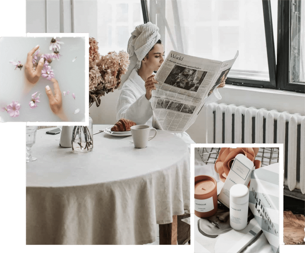 Collage of self-care morning routine with woman in bathrobe reading newspaper at breakfast table, hands arranging flower petals, and skincare products with candle on tray