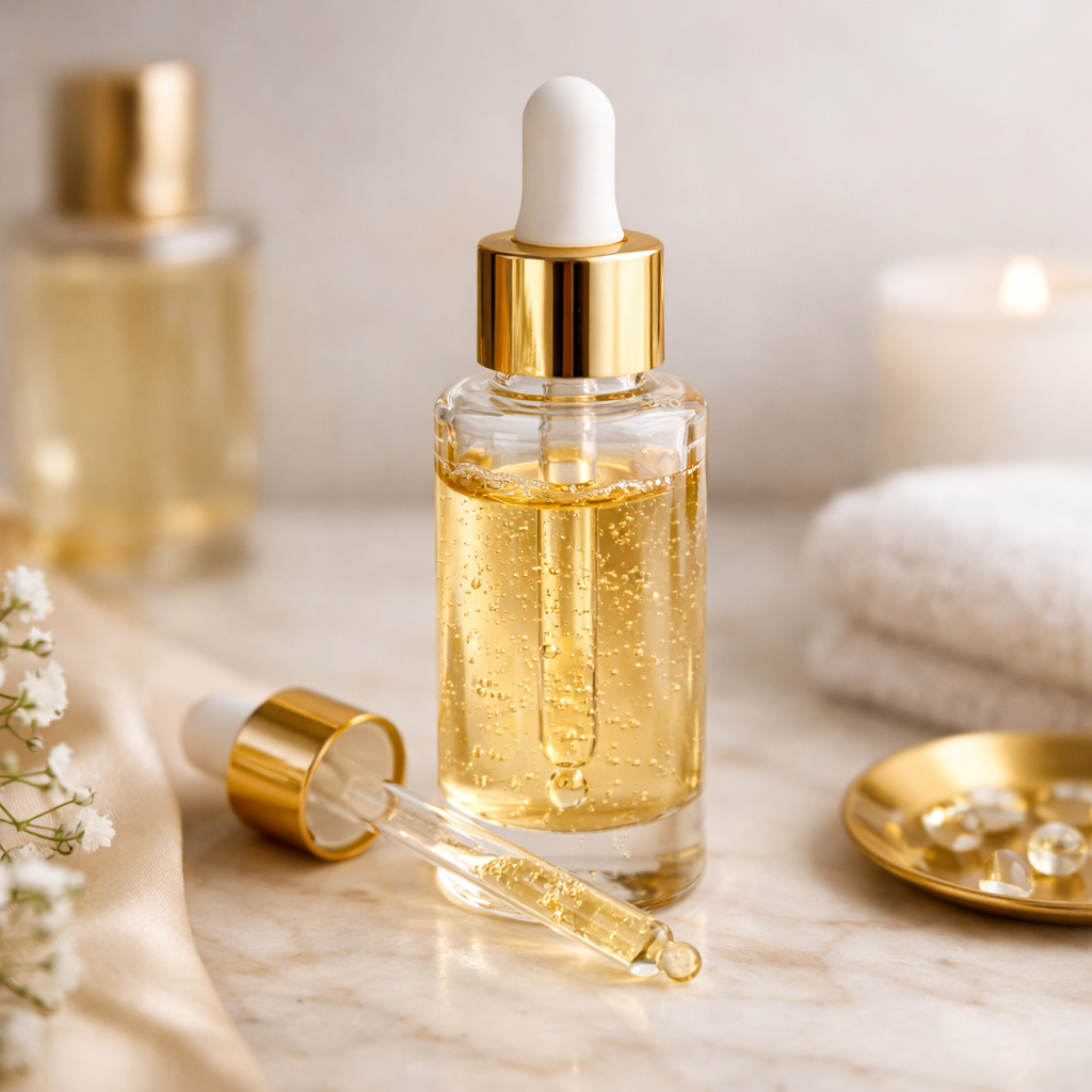 Dropper bottle with golden anti-aging serum