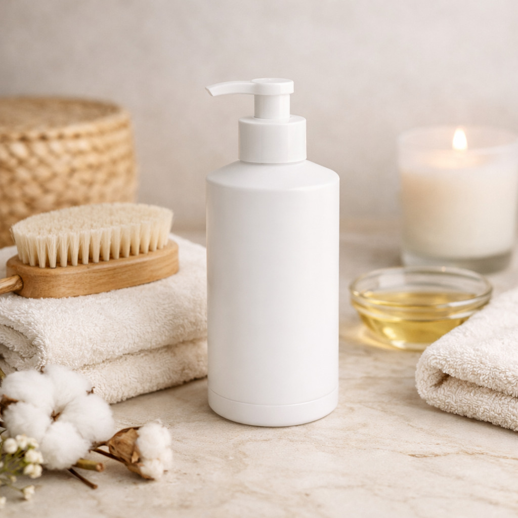 White pump bottle with brushes and towels