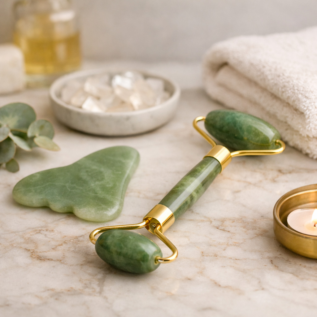 Two jade facial rollers with small bowl