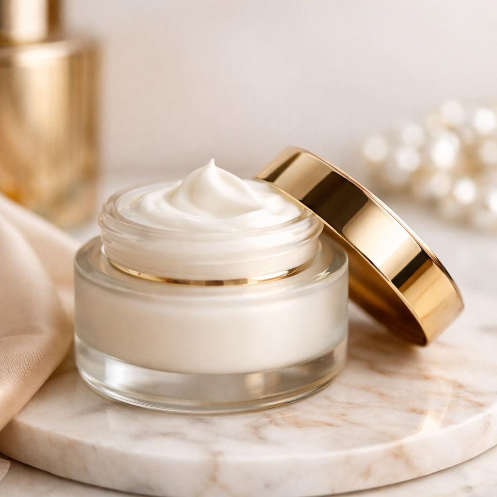 Jar of luxury moisturizer cream in circular frame