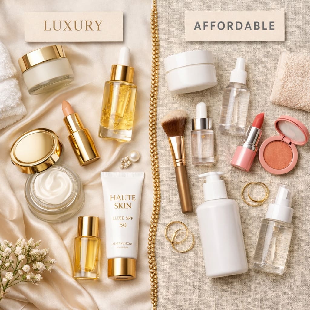 Collection of skincare products showing luxury vs affordable comparison