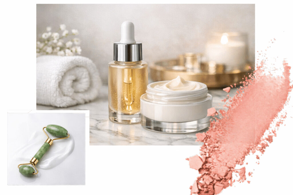 Luxury skincare set with cream jar, serum dropper, jade roller, candle, and towel on marble surface