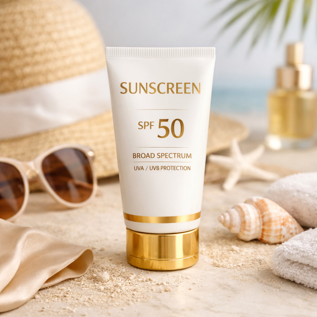 Tube labeled SPF 50 broad spectrum sunscreen
