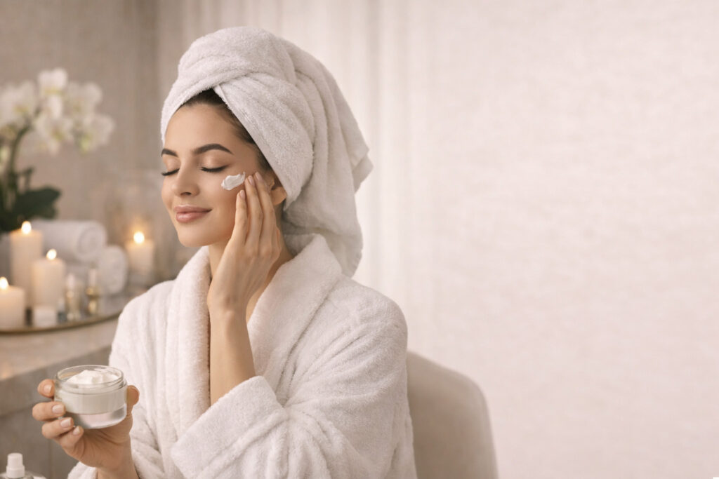 Woman in bathrobe applying face cream from glass jar, with candles and towels creating spa-like background