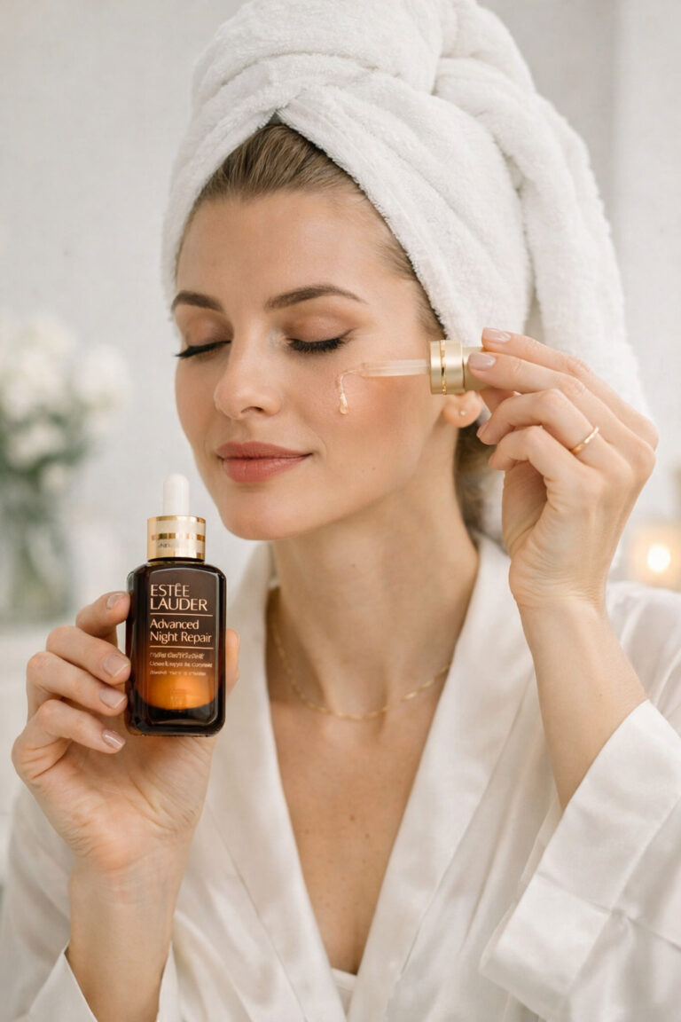 Woman applying Estée Lauder Advanced Night Repair serum from amber bottle with gold dropper