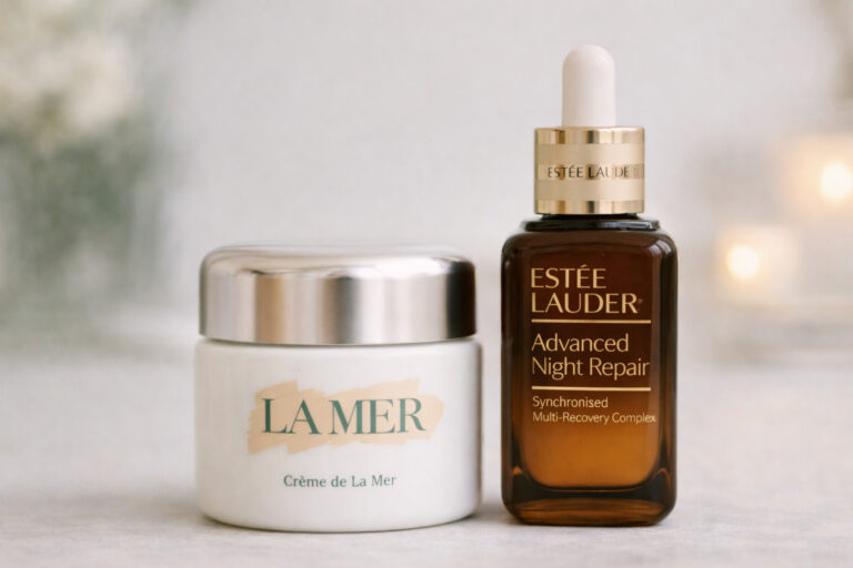 La Mer moisturizing cream jar next to Estée Lauder Advanced Night Repair serum bottle on light background