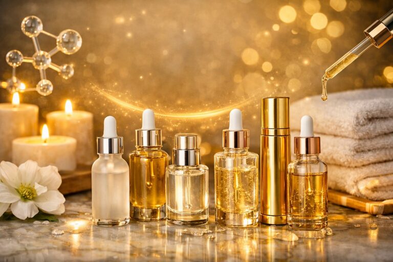 Elegant skincare serum bottles with droppers on marble surface, golden liquid highlighted with spa candles and flower