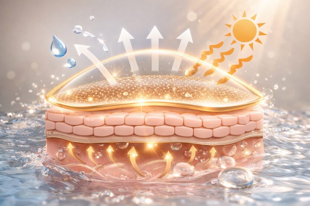 Skin cross-section with glowing barrier protecting against pollution, sun, and water