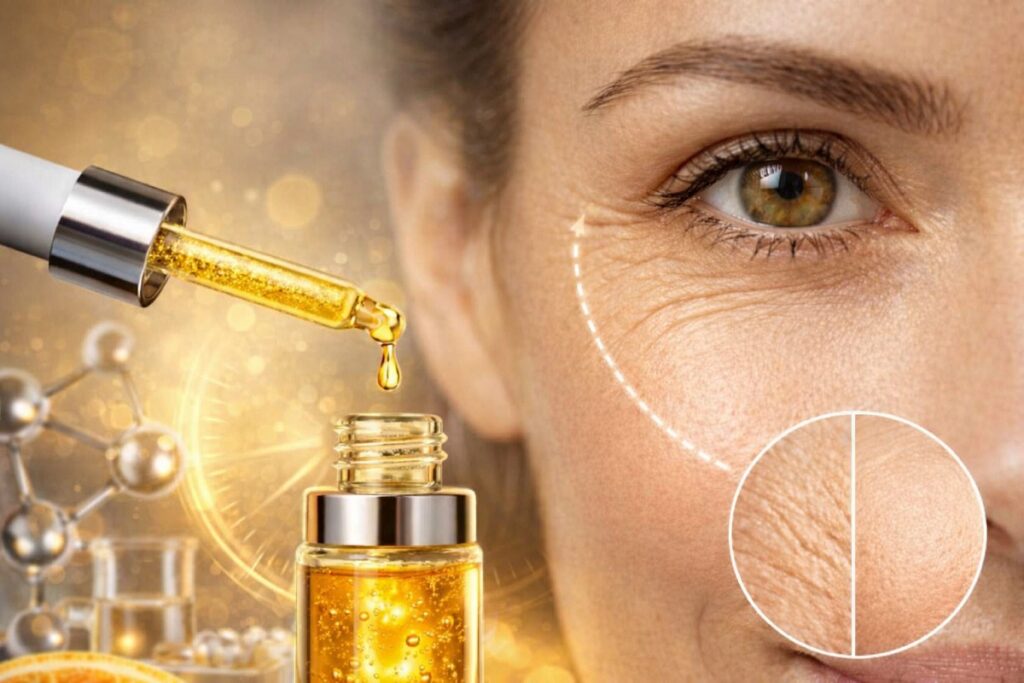 Close-up face with fine lines beside dropper adding golden serum and molecular graphics