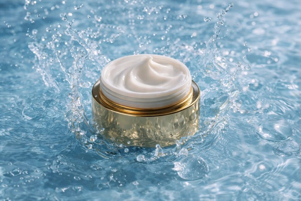 Luxury moisturizer jar in water splash symbolizing skin hydration