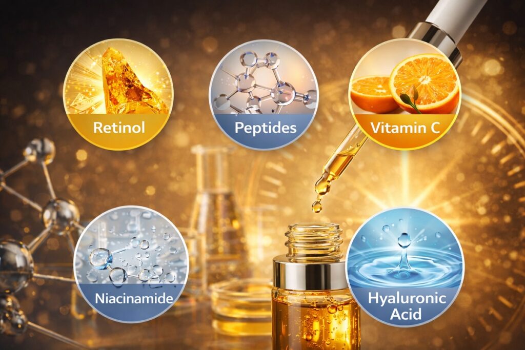 Icons of retinol, peptides, vitamin C, niacinamide, and hyaluronic acid with molecular graphics