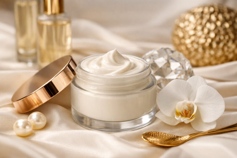 Luxury white cream jar with gold lid on silky fabric, surrounded by orchid, pearls, and decorative gold accents