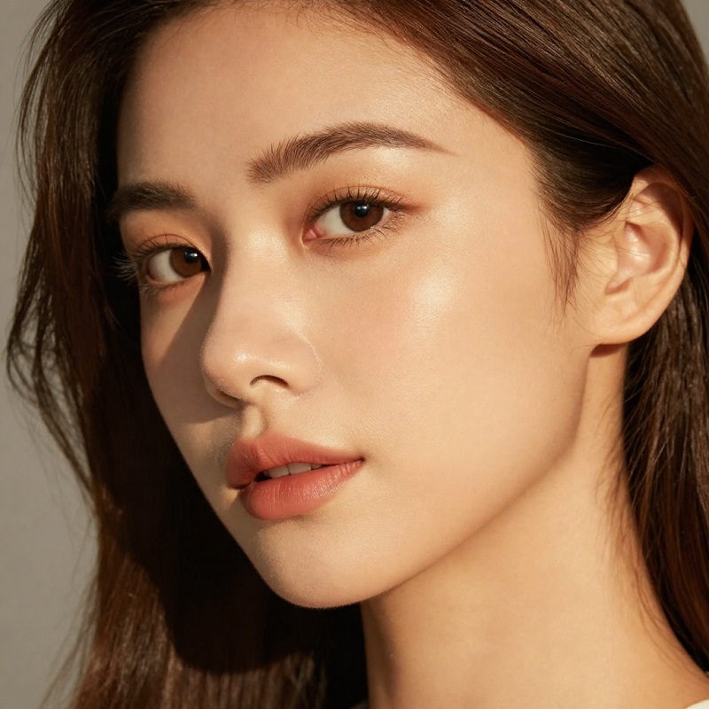 Close-up glowing skin beside text on radiance, brightness, firmness, and resilience