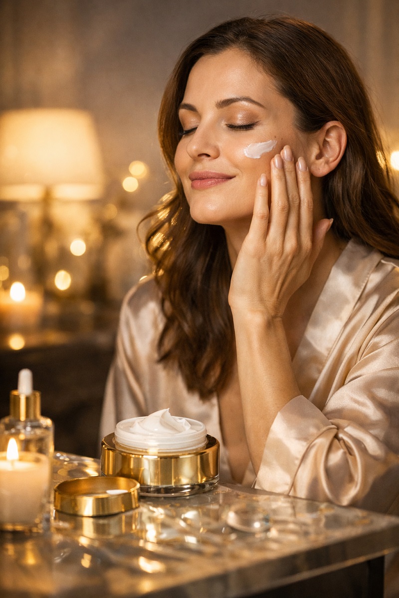 Woman in satin robe applying facial cream at vanity