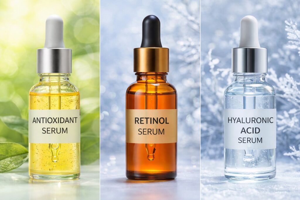 Three dropper bottles labeled antioxidant, retinol, and hyaluronic acid serums with seasonal backgrounds