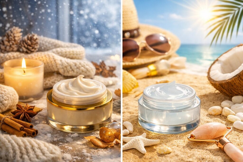 Split scene: winter cream with candles, summer gel with seashells