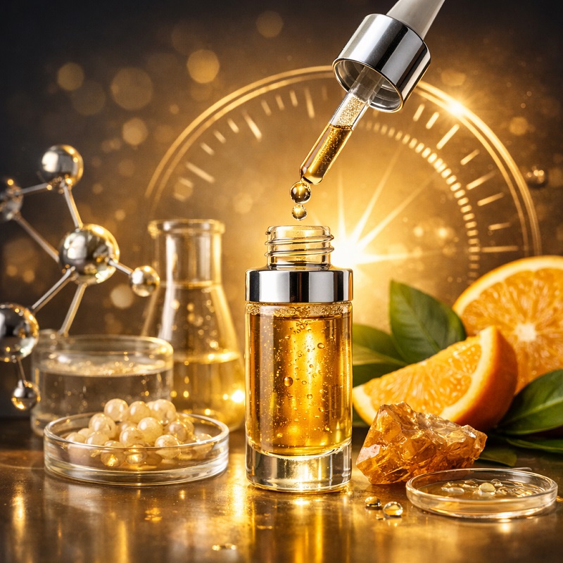 Dropper adding golden serum to glass bottle with orange slices and lab glassware